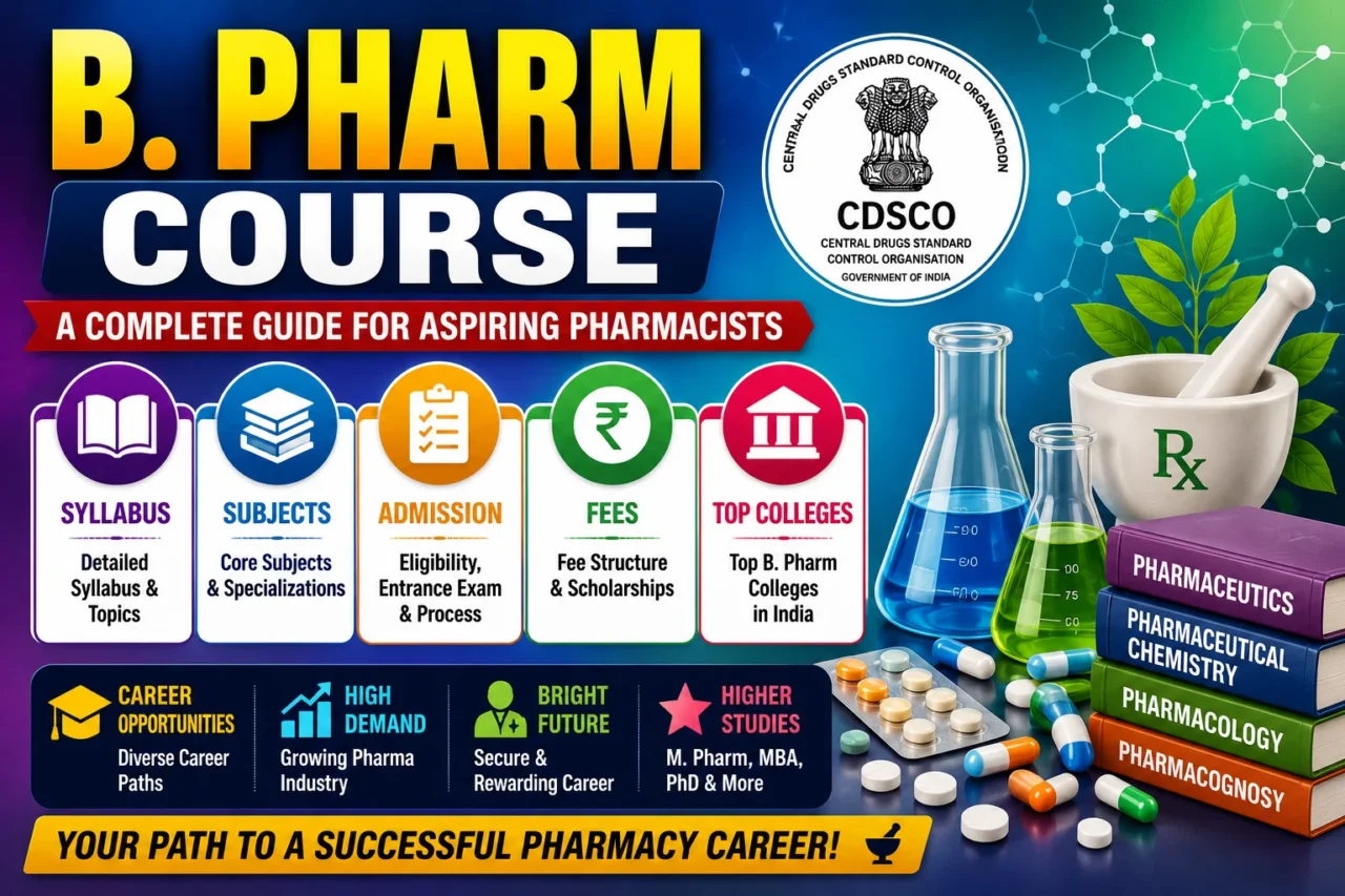 Colorful B.Pharm course thumbnail with a vibrant gradient background featuring pharmacy-themed elements such as laboratory glassware, medicine capsules, books, a mortar and pestle, and educational icons. The design highlights syllabus, subjects, admission process, fees, top colleges, career opportunities, and higher studies in pharmacy.