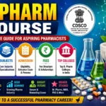 Colorful B.Pharm course thumbnail with a vibrant gradient background featuring pharmacy-themed elements such as laboratory glassware, medicine capsules, books, a mortar and pestle, and educational icons. The design highlights syllabus, subjects, admission process, fees, top colleges, career opportunities, and higher studies in pharmacy.