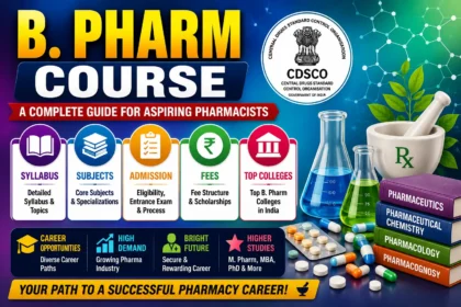 Colorful B.Pharm course thumbnail with a vibrant gradient background featuring pharmacy-themed elements such as laboratory glassware, medicine capsules, books, a mortar and pestle, and educational icons. The design highlights syllabus, subjects, admission process, fees, top colleges, career opportunities, and higher studies in pharmacy.