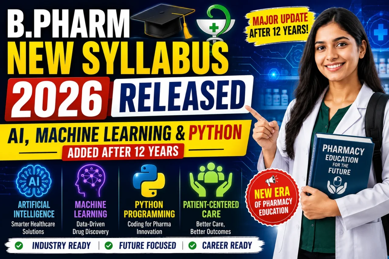 B.Pharm New Syllabus 2026 thumbnail featuring a pharmacy student, AI, Machine Learning, Python programming icons, and text highlighting major curriculum changes after 12 years.