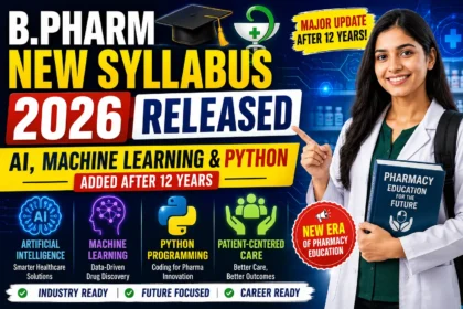 B.Pharm New Syllabus 2026 thumbnail featuring a pharmacy student, AI, Machine Learning, Python programming icons, and text highlighting major curriculum changes after 12 years.