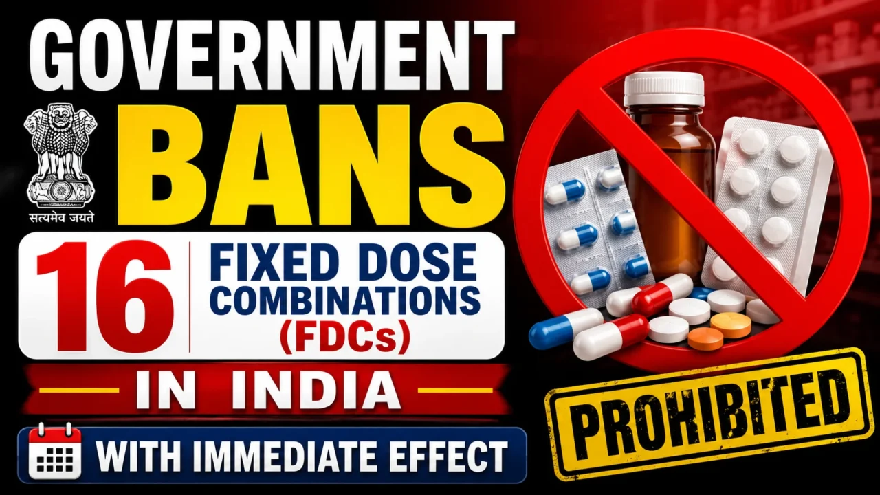 YouTube thumbnail showing Government of India banning 16 Fixed Dose Combinations (FDCs), prohibition symbol over medicines, tablets, capsules, and bold healthcare regulatory update text.
