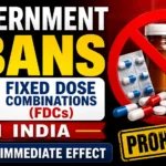 YouTube thumbnail showing Government of India banning 16 Fixed Dose Combinations (FDCs), prohibition symbol over medicines, tablets, capsules, and bold healthcare regulatory update text.
