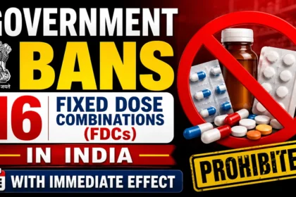 YouTube thumbnail showing Government of India banning 16 Fixed Dose Combinations (FDCs), prohibition symbol over medicines, tablets, capsules, and bold healthcare regulatory update text.