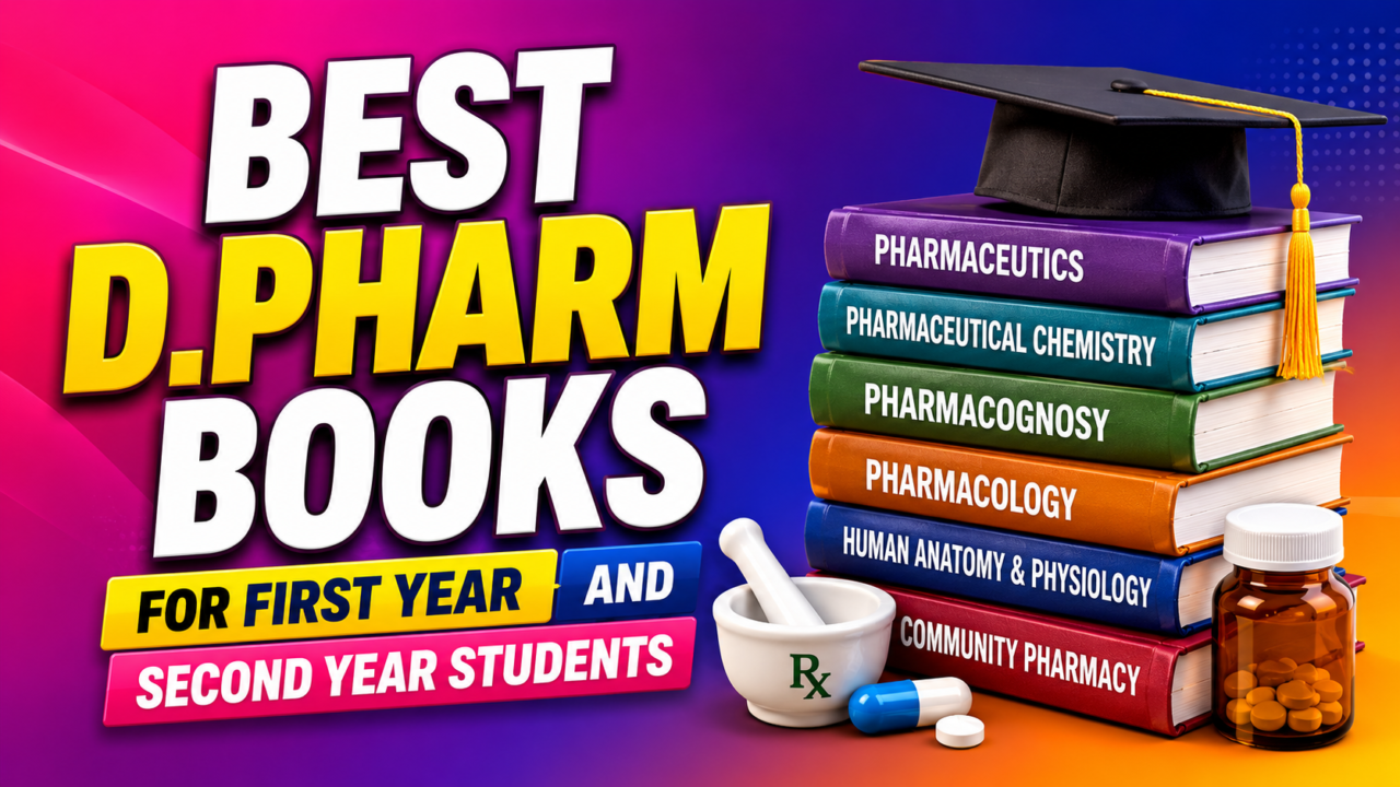 Colorful D.Pharm books thumbnail featuring a stack of pharmacy textbooks, graduation cap, medicine bottle, mortar and pestle, and bold text highlighting the best books for first-year and second-year D.Pharm students.