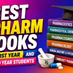 Colorful D.Pharm books thumbnail featuring a stack of pharmacy textbooks, graduation cap, medicine bottle, mortar and pestle, and bold text highlighting the best books for first-year and second-year D.Pharm students.