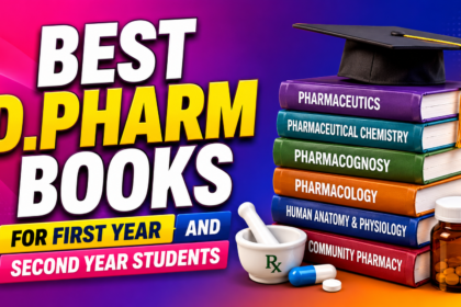 Colorful D.Pharm books thumbnail featuring a stack of pharmacy textbooks, graduation cap, medicine bottle, mortar and pestle, and bold text highlighting the best books for first-year and second-year D.Pharm students.