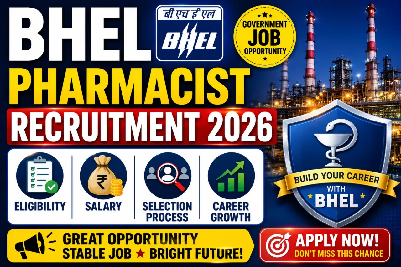 BHEL Pharmacist Recruitment 2026 thumbnail featuring government job opportunity, eligibility, salary, selection process, and career growth with an industrial BHEL background and pharmacy career badge.