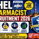 BHEL Pharmacist Recruitment 2026 thumbnail featuring government job opportunity, eligibility, salary, selection process, and career growth with an industrial BHEL background and pharmacy career badge.