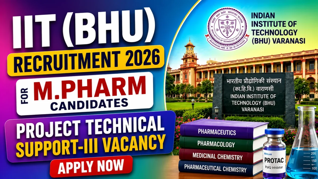 IIT (BHU) Recruitment 2026 thumbnail featuring M.Pharm candidate vacancy details, IIT BHU campus building, institute logo, pharmacy books, laboratory flask, and Apply Now button.