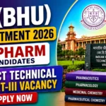 IIT (BHU) Recruitment 2026 thumbnail featuring M.Pharm candidate vacancy details, IIT BHU campus building, institute logo, pharmacy books, laboratory flask, and Apply Now button.