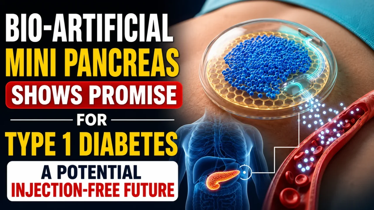 Thumbnail showing a futuristic implantable bio-artificial mini pancreas device for Type 1 Diabetes, highlighting the possibility of natural insulin production and an injection-free future.