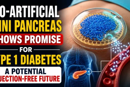 Thumbnail showing a futuristic implantable bio-artificial mini pancreas device for Type 1 Diabetes, highlighting the possibility of natural insulin production and an injection-free future.