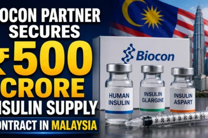 YouTube thumbnail announcing Biocon's partner securing a ₹500 crore insulin supply contract in Malaysia, featuring insulin vials, syringe, Biocon branding, and the Malaysian flag with the Petronas Twin Towers in the background.