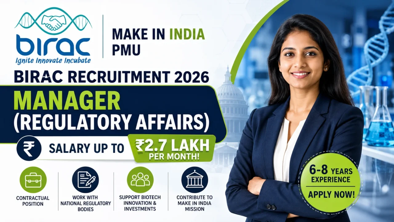BIRAC Recruitment 2026 thumbnail featuring Manager (Regulatory Affairs) vacancy, biotechnology laboratory background, professional candidate, and salary up to ₹2.7 lakh per month.