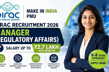 BIRAC Recruitment 2026 thumbnail featuring Manager (Regulatory Affairs) vacancy, biotechnology laboratory background, professional candidate, and salary up to ₹2.7 lakh per month.
