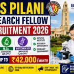 BITS Pilani Research Fellow Recruitment 2026 thumbnail featuring a researcher working in a laboratory, BITS Pilani campus background, M.Pharm, M.Sc and Biotechnology eligibility, and salary up to ₹42,000 per month.