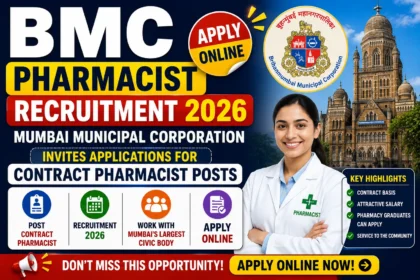 Thumbnail announcing BMC Pharmacist Recruitment 2026 by Mumbai Municipal Corporation, highlighting contract pharmacist vacancies, online application process, recruitment details, and eligibility information.