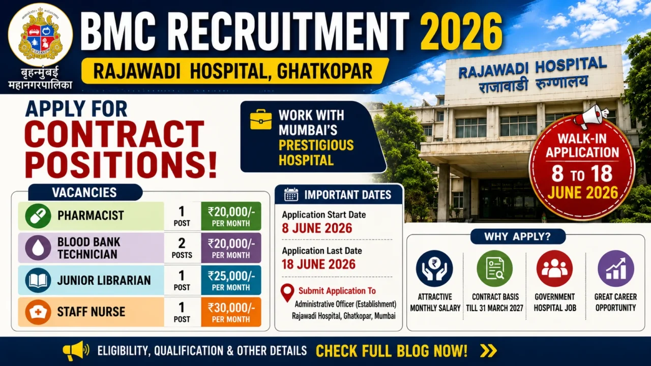 BMC Recruitment 2026 banner featuring Rajawadi Hospital, Ghatkopar, Mumbai, highlighting contract-based vacancies for Pharmacist, Blood Bank Technician, Junior Librarian, and Staff Nurse positions.