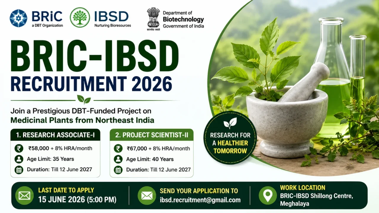 BRIC-IBSD Recruitment 2026 banner featuring medicinal plants, laboratory glassware, and job openings for Research Associate-I and Project Scientist-II under a DBT-funded research project.