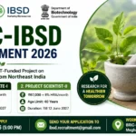 BRIC-IBSD Recruitment 2026 banner featuring medicinal plants, laboratory glassware, and job openings for Research Associate-I and Project Scientist-II under a DBT-funded research project.