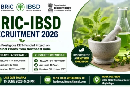 BRIC-IBSD Recruitment 2026 banner featuring medicinal plants, laboratory glassware, and job openings for Research Associate-I and Project Scientist-II under a DBT-funded research project.