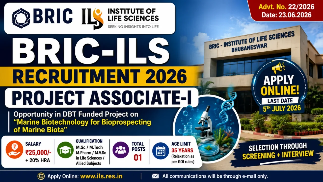 BRIC-ILS Recruitment 2026 notification for Project Associate-I post. M.Pharm, M.Sc., M.Tech., and M.V.Sc. candidates can apply online. Salary ₹25,000 + 20% HRA. Last date to apply is 5 July 2026.