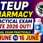 Alternative Text: Title: Caption: Description: File name: BTEUP Pharmacy Practical Exam Date 2026 announcement thumbnail with blue-purple gradient background, pharmacy lab equipment, medicine bottle, Uttar Pradesh BTEUP logo, and practical exam dates from 6 June to 16 June 2026.