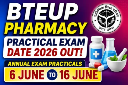Alternative Text: Title: Caption: Description: File name: BTEUP Pharmacy Practical Exam Date 2026 announcement thumbnail with blue-purple gradient background, pharmacy lab equipment, medicine bottle, Uttar Pradesh BTEUP logo, and practical exam dates from 6 June to 16 June 2026.