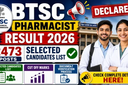 BTSC Pharmacist Result 2026 thumbnail featuring the BTSC logo, pharmacist candidates, result announcement banner, 2473 posts, selected candidates list, cut-off marks, and document verification process details.