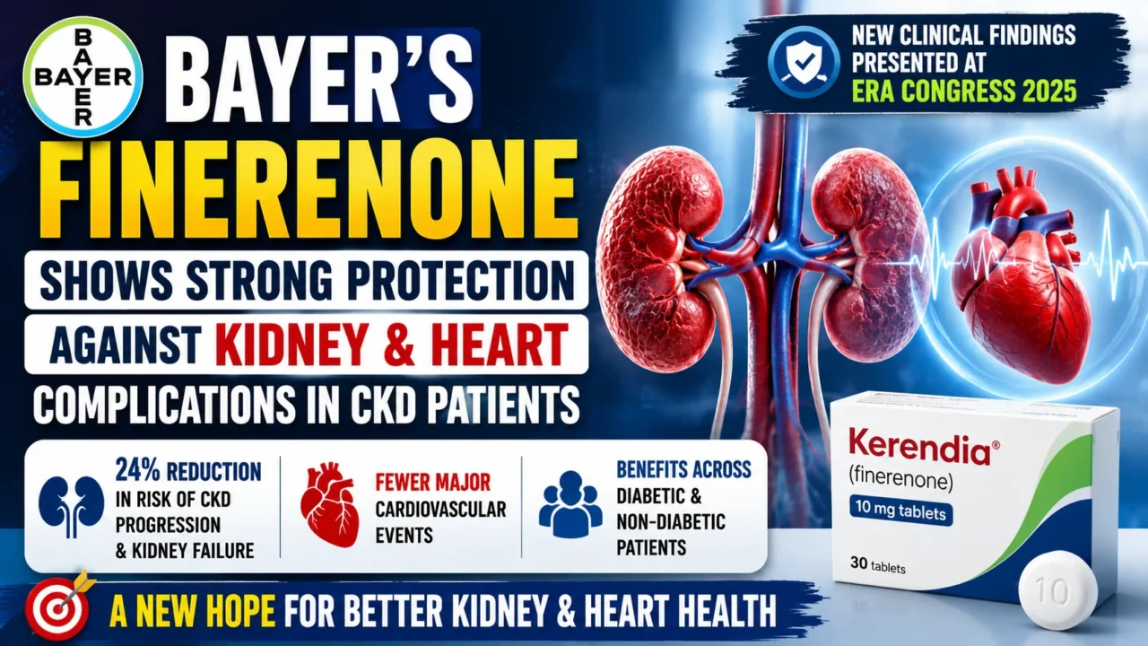 Medical news thumbnail featuring Bayer’s finerenone (Kerendia), human kidneys and heart illustrations, highlighting reduced chronic kidney disease progression, improved cardiovascular outcomes, and new clinical findings presented at the ERA Congress.