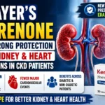 Medical news thumbnail featuring Bayer’s finerenone (Kerendia), human kidneys and heart illustrations, highlighting reduced chronic kidney disease progression, improved cardiovascular outcomes, and new clinical findings presented at the ERA Congress.