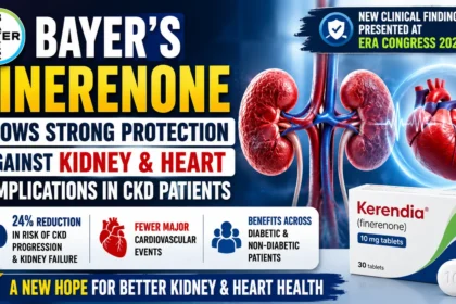Medical news thumbnail featuring Bayer’s finerenone (Kerendia), human kidneys and heart illustrations, highlighting reduced chronic kidney disease progression, improved cardiovascular outcomes, and new clinical findings presented at the ERA Congress.