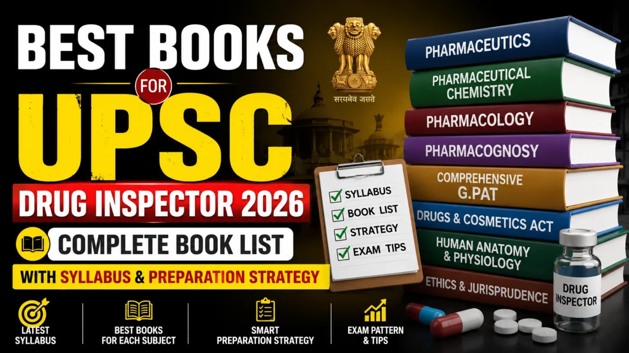 YouTube thumbnail for Best Books for UPSC Drug Inspector 2026 featuring a stack of pharmacy books, syllabus checklist, preparation strategy icons, medicine bottle, capsules, and bold yellow-white text on a dark background.