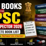 YouTube thumbnail for Best Books for UPSC Drug Inspector 2026 featuring a stack of pharmacy books, syllabus checklist, preparation strategy icons, medicine bottle, capsules, and bold yellow-white text on a dark background.