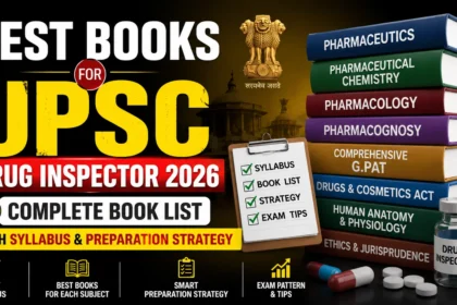 YouTube thumbnail for Best Books for UPSC Drug Inspector 2026 featuring a stack of pharmacy books, syllabus checklist, preparation strategy icons, medicine bottle, capsules, and bold yellow-white text on a dark background.