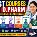 Educational thumbnail showcasing the best courses after D.Pharm, featuring a pharmacy student, career growth opportunities, higher education options such as B.Pharm, M.Pharm, Clinical Research, and Pharma Management, with vibrant academic and healthcare-themed graphics.