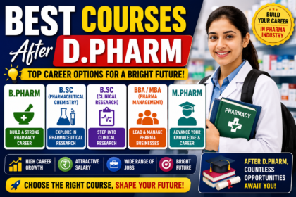 Educational thumbnail showcasing the best courses after D.Pharm, featuring a pharmacy student, career growth opportunities, higher education options such as B.Pharm, M.Pharm, Clinical Research, and Pharma Management, with vibrant academic and healthcare-themed graphics.