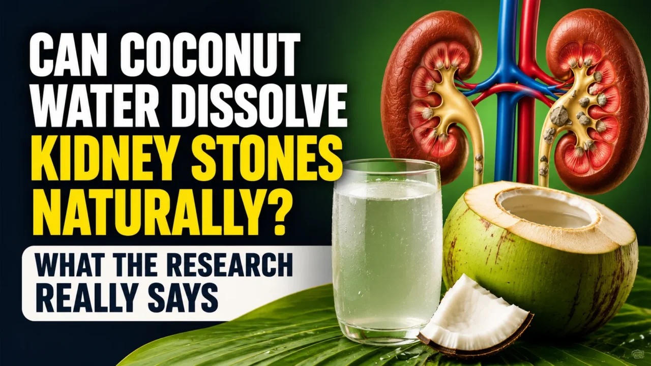 Medical-themed thumbnail showing kidneys with kidney stones, a glass of coconut water, fresh coconut, and the headline discussing whether coconut water can dissolve kidney stones naturally.