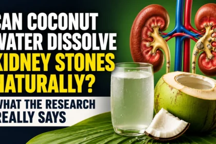 Medical-themed thumbnail showing kidneys with kidney stones, a glass of coconut water, fresh coconut, and the headline discussing whether coconut water can dissolve kidney stones naturally.