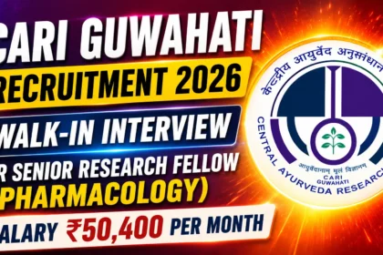 CARI Guwahati Recruitment 2026 thumbnail featuring a vibrant purple-orange gradient background, CARI logo, walk-in interview announcement for Senior Research Fellow (Pharmacology), and salary of ₹50,400 per month.