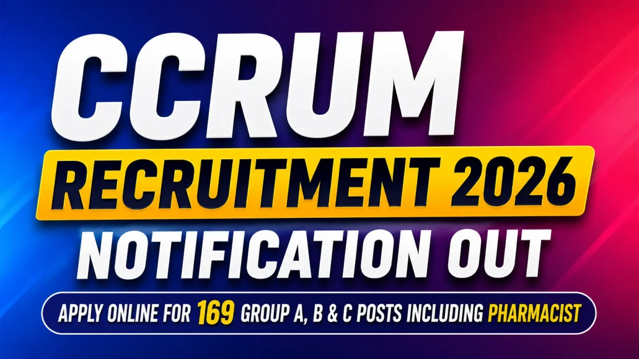 CCRUM Recruitment 2026 Notification Out YouTube thumbnail featuring a blue–purple gradient background with bold white and yellow text highlighting 169 Group A, B & C posts including Pharmacist.