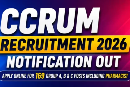 CCRUM Recruitment 2026 Notification Out YouTube thumbnail featuring a blue–purple gradient background with bold white and yellow text highlighting 169 Group A, B & C posts including Pharmacist.