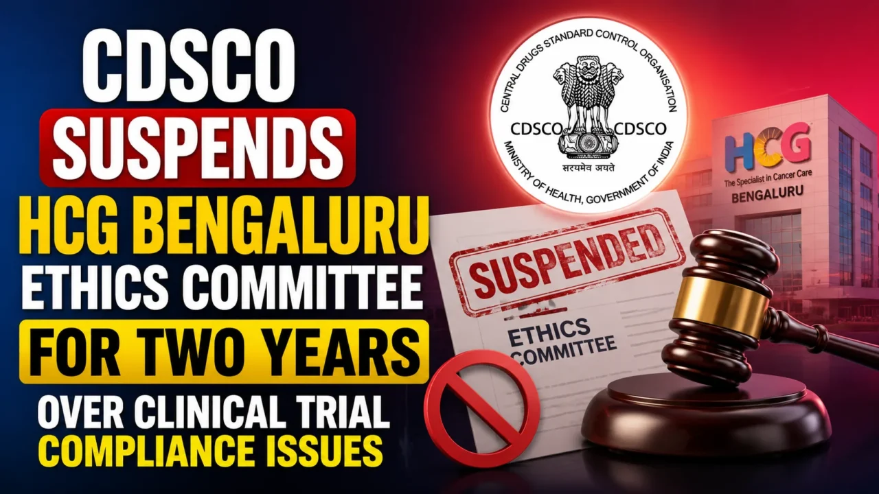 YouTube thumbnail showing CDSCO suspending the HCG Bengaluru Ethics Committee for two years over clinical trial compliance issues, featuring a gavel, suspension stamp, ethics committee document, CDSCO emblem, and HCG hospital building.
