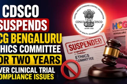 YouTube thumbnail showing CDSCO suspending the HCG Bengaluru Ethics Committee for two years over clinical trial compliance issues, featuring a gavel, suspension stamp, ethics committee document, CDSCO emblem, and HCG hospital building.