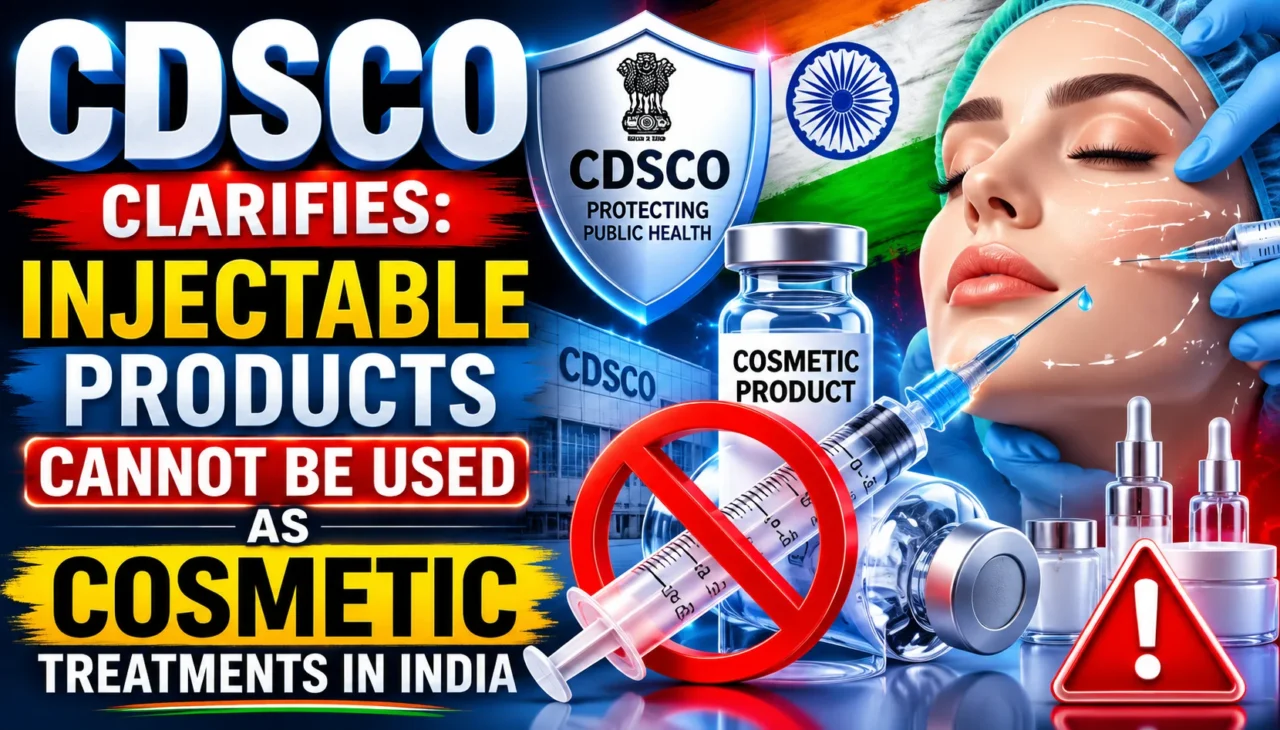 YouTube thumbnail highlighting the CDSCO clarification that injectable products cannot be used as cosmetic treatments in India. The design features cosmetic injectables, a syringe with a prohibition symbol, CDSCO regulatory imagery, skincare products, and an aesthetic treatment scene.
