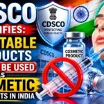 YouTube thumbnail highlighting the CDSCO clarification that injectable products cannot be used as cosmetic treatments in India. The design features cosmetic injectables, a syringe with a prohibition symbol, CDSCO regulatory imagery, skincare products, and an aesthetic treatment scene.