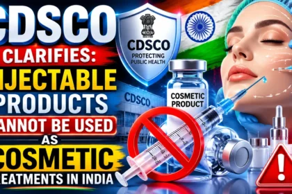 YouTube thumbnail highlighting the CDSCO clarification that injectable products cannot be used as cosmetic treatments in India. The design features cosmetic injectables, a syringe with a prohibition symbol, CDSCO regulatory imagery, skincare products, and an aesthetic treatment scene.