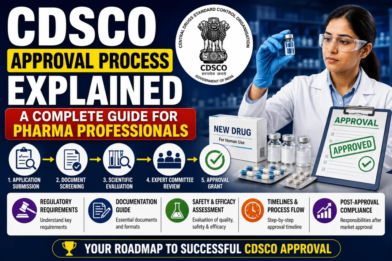 Educational pharmaceutical regulatory thumbnail featuring the CDSCO approval process for new drugs in India. The design includes CDSCO branding, a pharmaceutical professional, drug approval workflow, regulatory review stages, approval documentation, and medicine-related visuals highlighting the complete approval pathway.