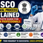 Educational pharmaceutical regulatory thumbnail featuring the CDSCO approval process for new drugs in India. The design includes CDSCO branding, a pharmaceutical professional, drug approval workflow, regulatory review stages, approval documentation, and medicine-related visuals highlighting the complete approval pathway.